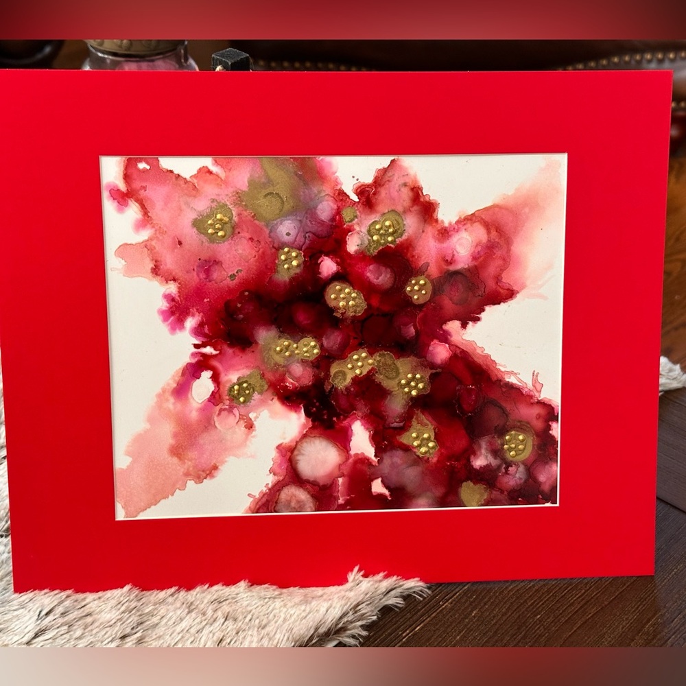 Hand crafted original abstract red and gold alcohol ink wall decor painting